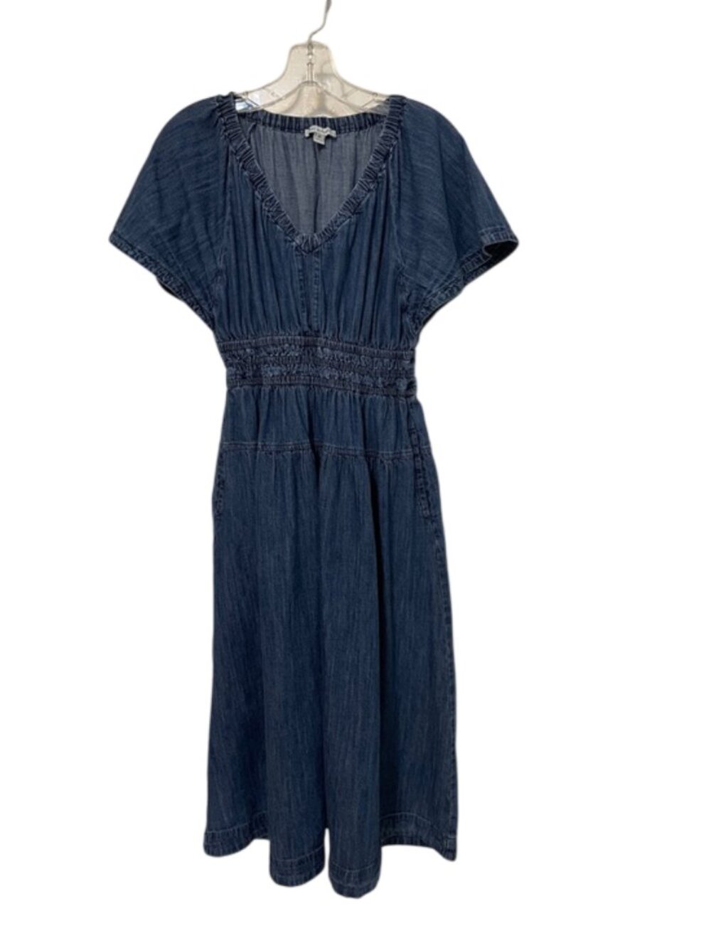 Free Assembly Women’s XS Blue Denim Midi Dress Pullover Smocked Waist V-Neck